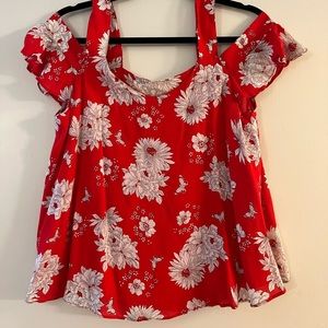 Skies Are Blue - red and white floral off the shoulder top